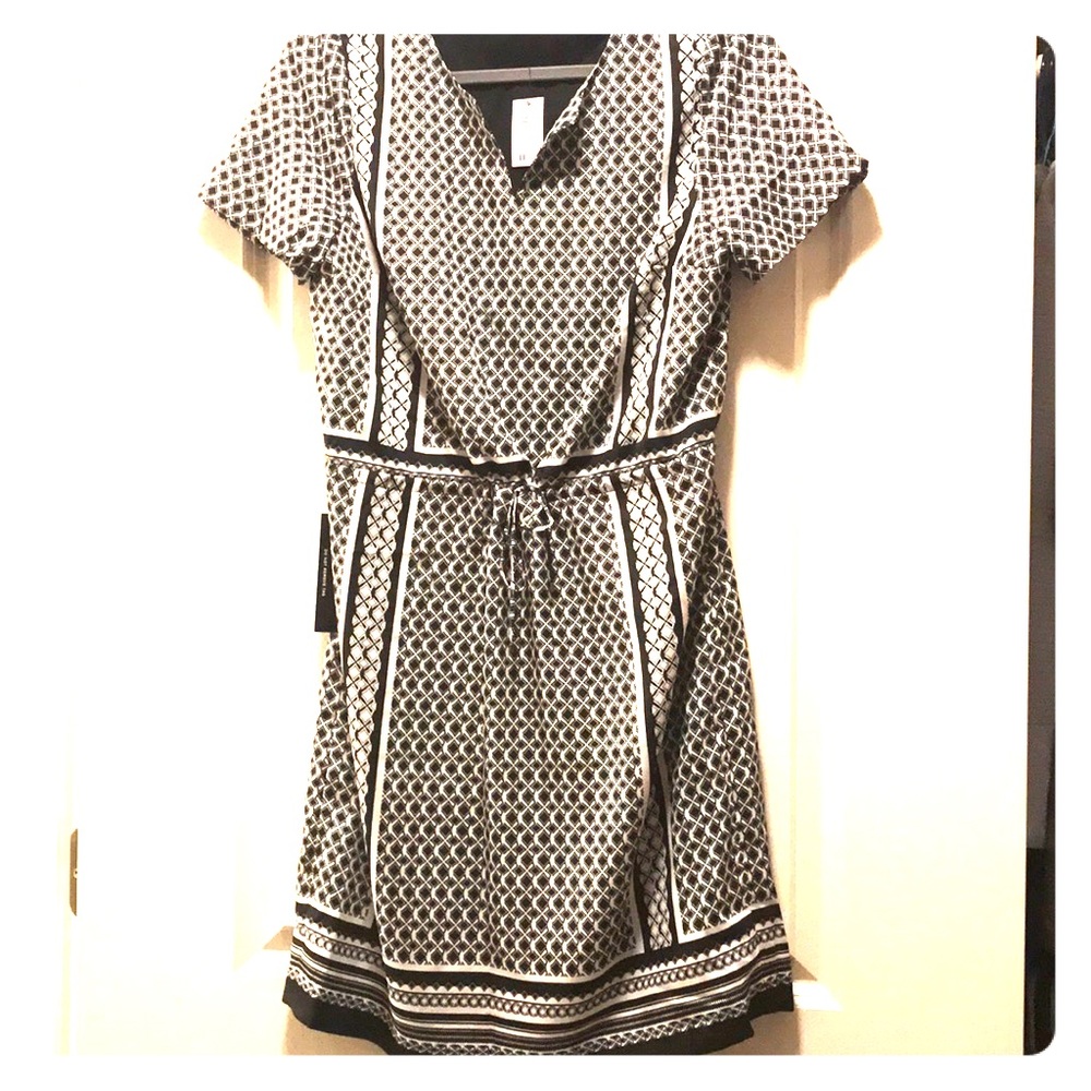 Black & white print dress with draw string waist